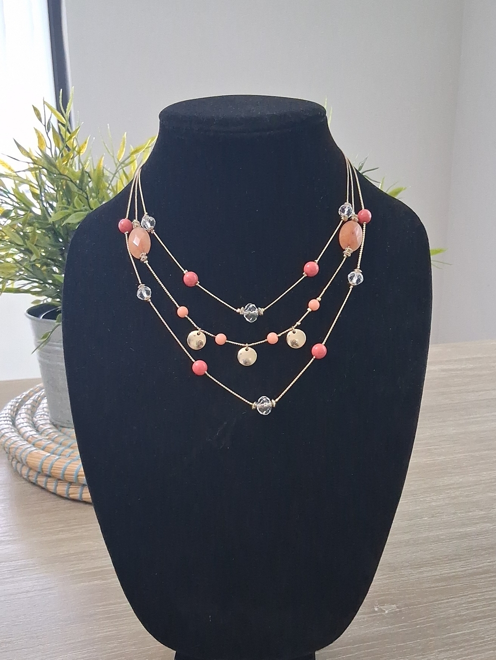 Gold Tone Multi-Strand Layered Necklace Peach/Coral Colored Beads
